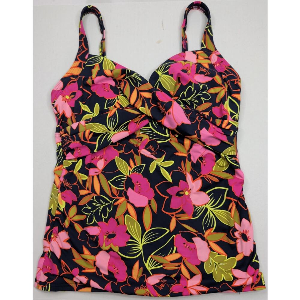 Lands End Navy Blue Pink Floral Tankini Sz 8 Underwire Bra Cross Front Adj Strap